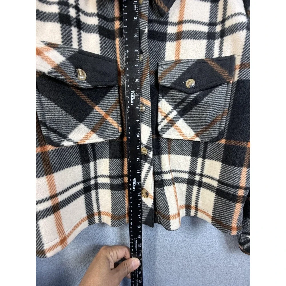 Thread & Supply Jacket Womens Small Black Copper Plaid Fleece Button Up Cropped